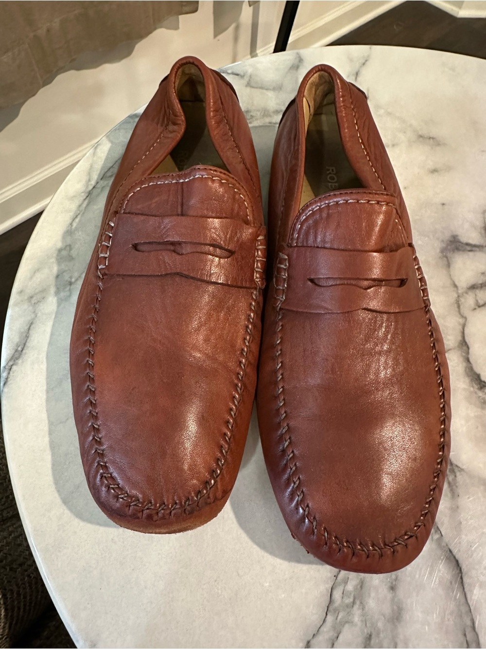 Robert Zur Leather Penny Loafers in Chestnut Brown moccasin stitching